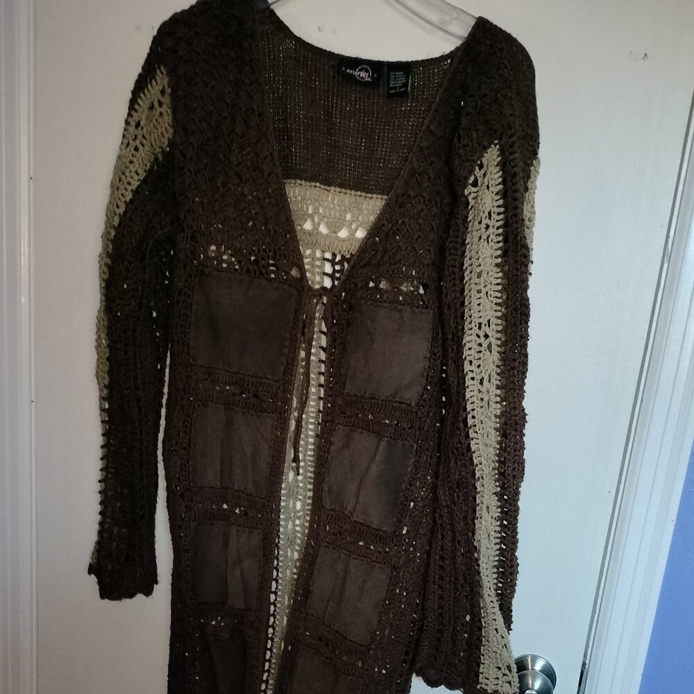 Long Brown Duster, size L, leather patches, knitted